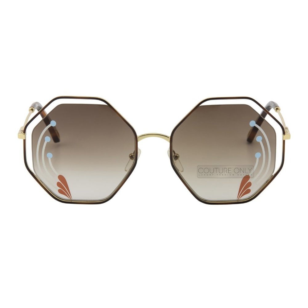 New Chloe Women Oversized Sunglasses Gold Octagon CE-132 Brown Floating Lens - Picture 3 of 9